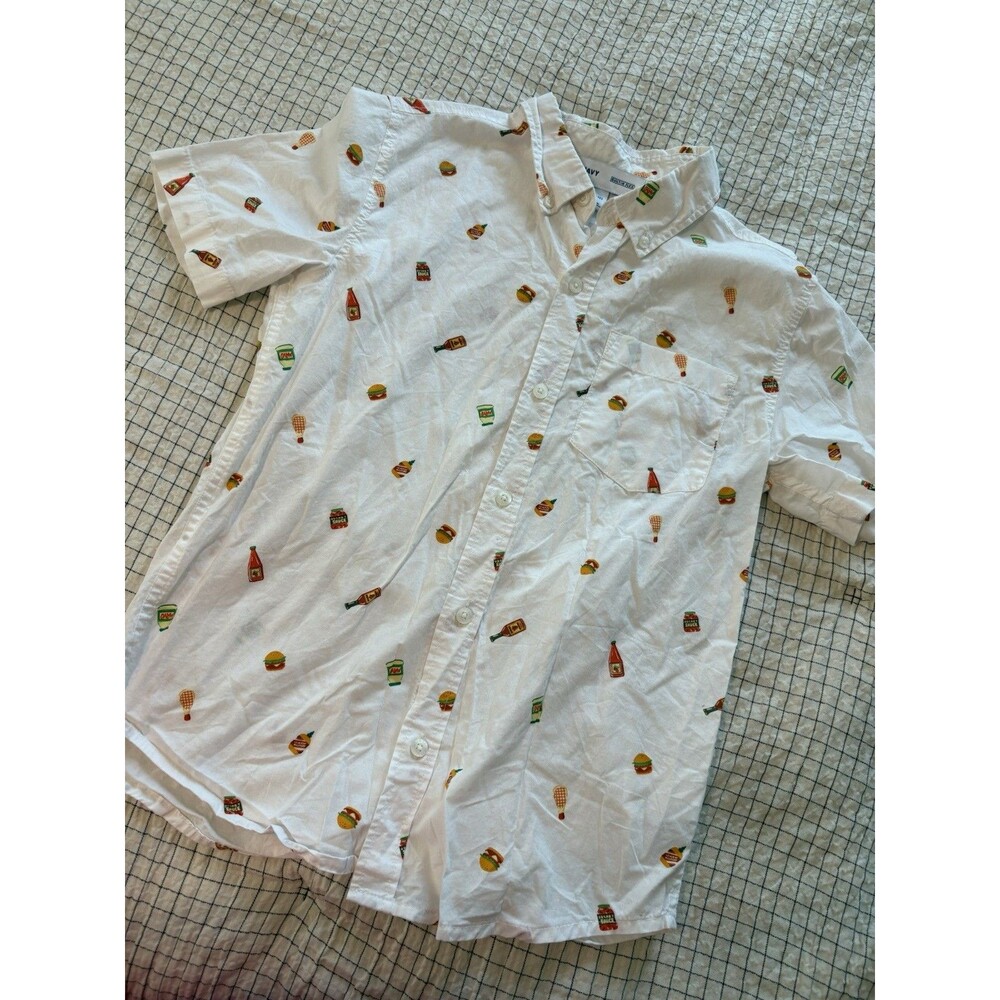 ❤️ Old Navy: Boys XL (14-16) White Short Sleeve Button Down Shirt , Burgers
